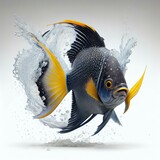 An ultra realistic Angelfish fish that jumps by splashing on a white background generative ai