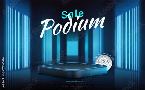 Podium with blue neon light background. Vector illustration