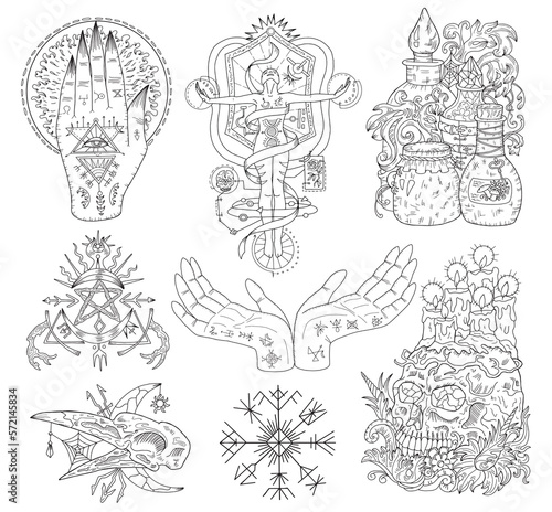 Engraved line art vector graphic collection with mystic, esoteric and occult symbols isolated on white