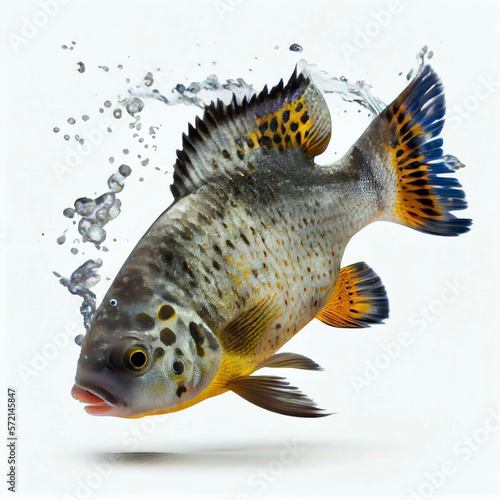 An ultra realistic Jack Dempsey Cichlid fish that jumps by splashing on a white background