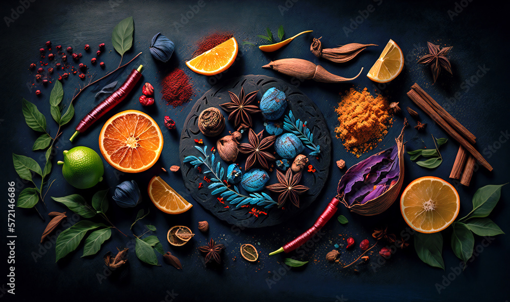 An array of aromatic spices on a dark backdrop, showcasing their vibrant colors and textures