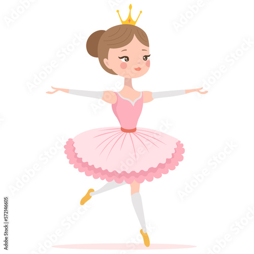 a cute young ballerina in a pink dress dances a dance. flat vector illustration.