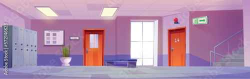 Empty school hall with locker, stairs and exit signboard cartoon background. Vector illustration of office hallway interior design with toilet door. Modern university lobby indoor scene.