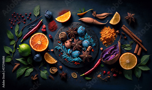 An array of aromatic spices on a dark backdrop, showcasing their vibrant colors and textures