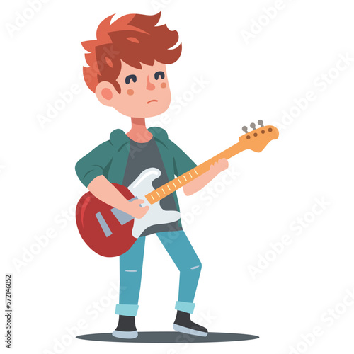 young cute boy with guitar learns to play. young rocker. flat vector illustration.