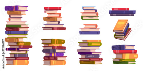 Vector set of isolated book stack cartoon illustration. Tall pile of textbook for school library collection. Literature for education side view. Stacked tower of dictionary and science publication.