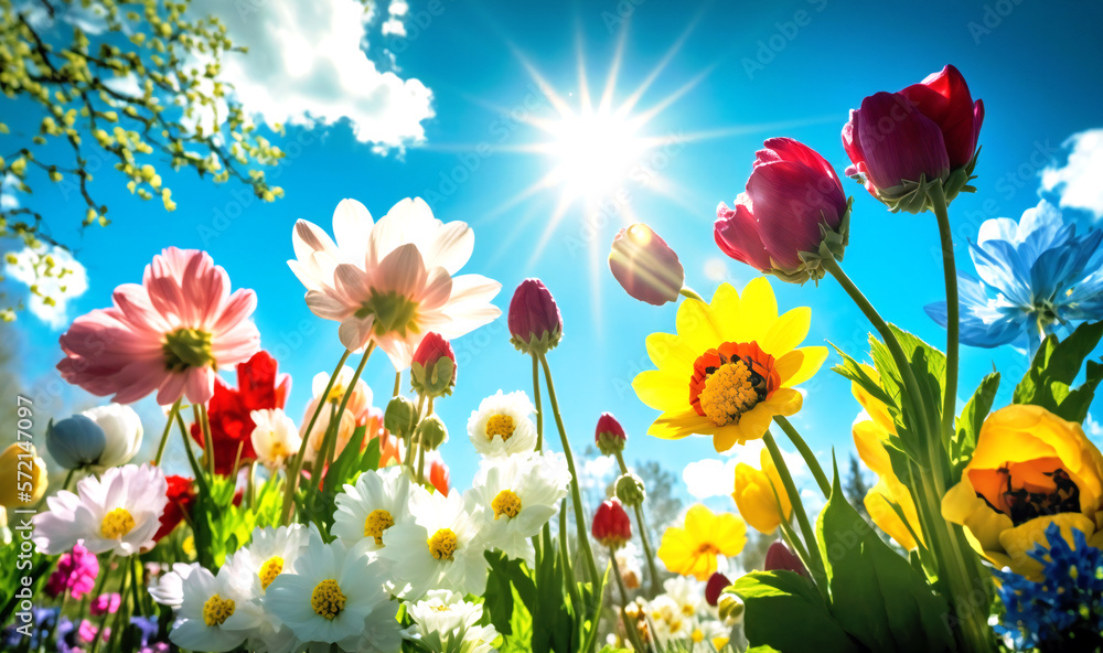 A stunning display of vibrant spring flowers in full bloom against a backdrop of clear blue sky