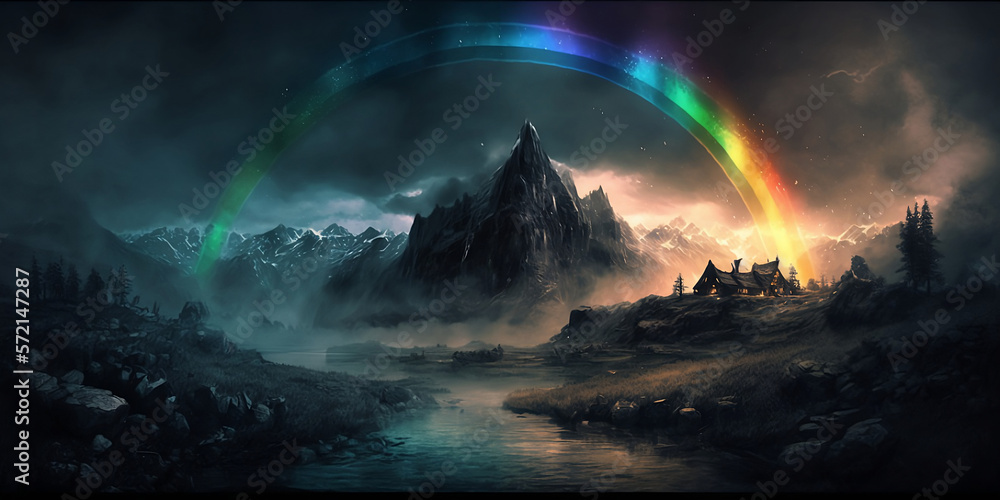 Regenbogen über einem Gebirge / Traumhaft / Hintergrundbild