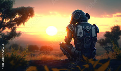 A contemplative robot enjoying the serenity of a sunset