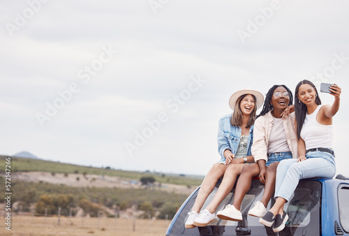 Selfie, road trip and women friends on car roof in sky mockup for social media, group travel and vacation. Profile picture of diversity youth or people in Africa safari, desert or countryside journey