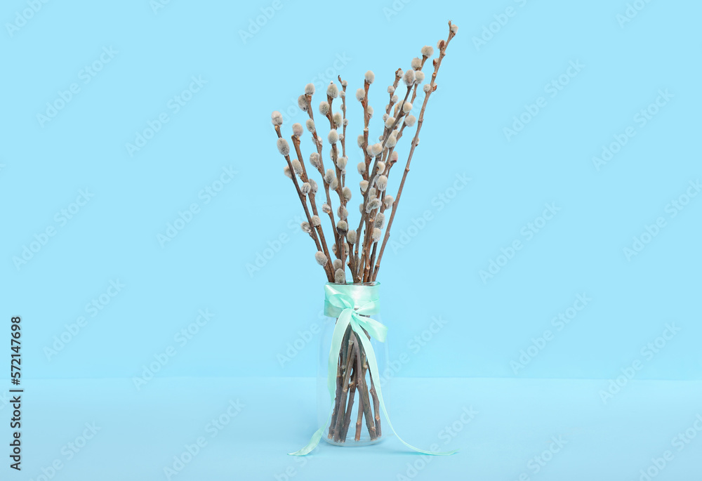 Glass vase with pussy willow branches tied by turquoise ribbon on blue background Glass vase with pussy willow branches tied by turquoise ribbon on blue background