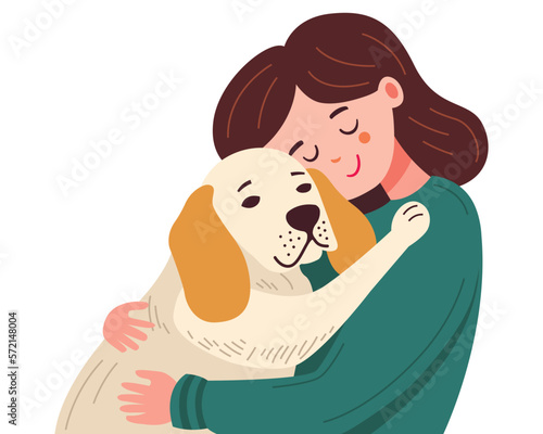 cute girl happily hugs her dog. flat vector illustration.