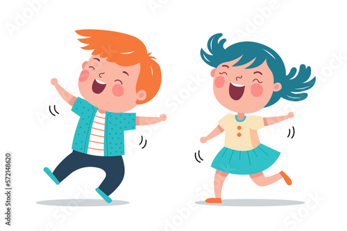 cute children dance with pleasure. a boy and a girl jump and rejoice to the music. flat vector illustration.