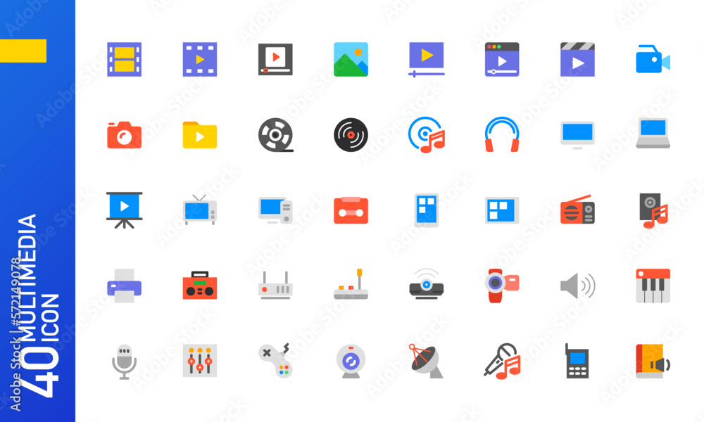 Multimedia icon set. Collection of multicolored flat icons for mobile UI UX and web apps. Vector illustration. Multimedia icon set. Collection of multicolored flat icons for mobile UI UX and web apps. Vector illustration.
