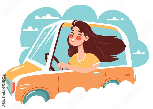 cute contented girl rides on a small car. flat vector illustration.