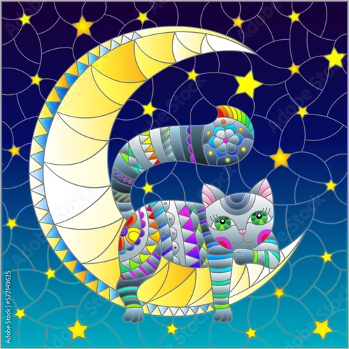 An illustration in the style of a stained glass window with a cute cartoon cat on the moon against the background of the night starry sky