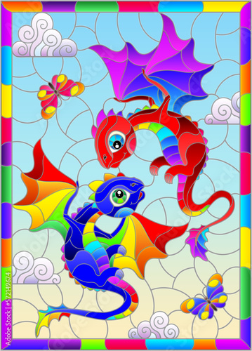 Stained glass illustration with bright cartoon dragons against a cloudy blue sky  in a bright frame