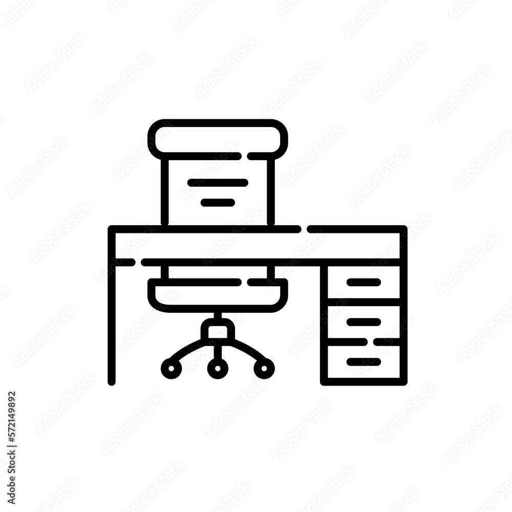 Executive office chair and desk with drawers. Pixel perfect, editable stroke icon Executive office chair and desk with drawers. Pixel perfect, editable stroke icon