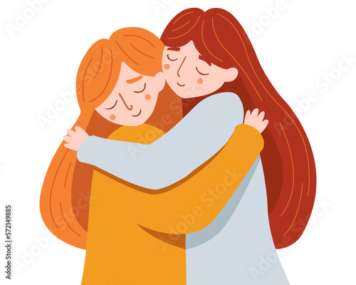 cute hug of two young girls. affectionate relationship with each other. flat vector illustration.