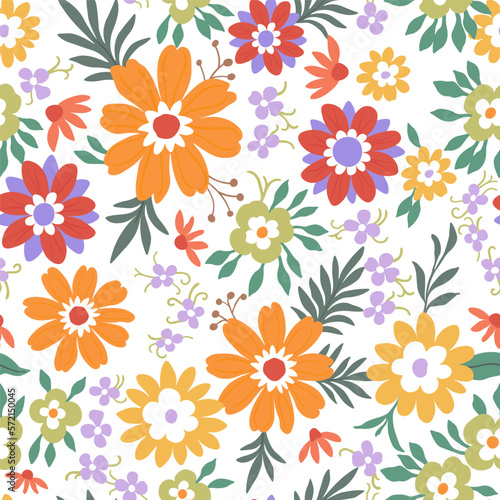 A pattern of orange red  green and purple flowers with green leaves on a white background.