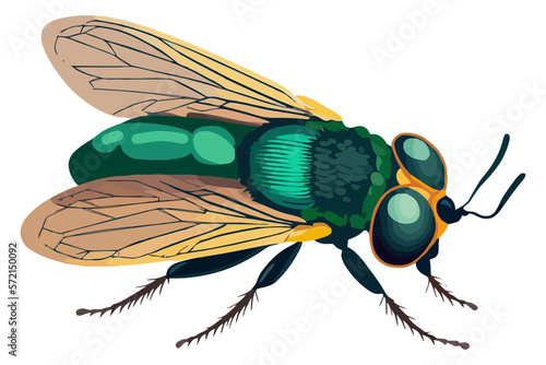 disgusting dung fly. green winged insect. flat vector illustration.