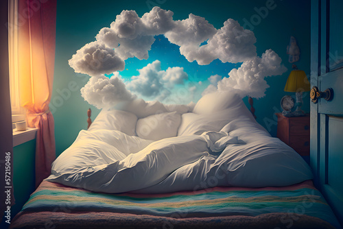 Cozy large double-steel window with clouds above the head of the bed linen and filler like clouds are shrouded in a bedroom. The concept of sweet sound sleep at home. Generative AI