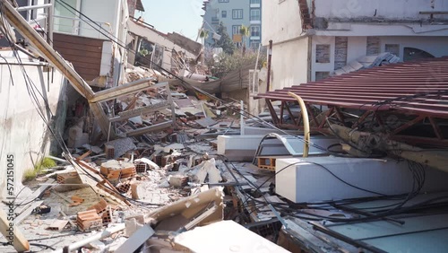 Building destroyed after earthquake.
Buildings destroyed by the earthquake. Epicenter. Breaking of the fault line.
The devastating effect of the 7.7 magnitude earthquake.  Turkey Earthquake – Hatay - 