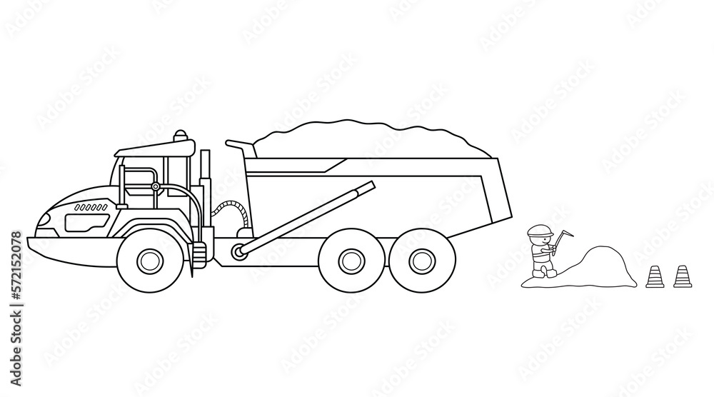 Hand drawn Vector illustration color children construction articulated hauler dump truck with construction worker clipart
