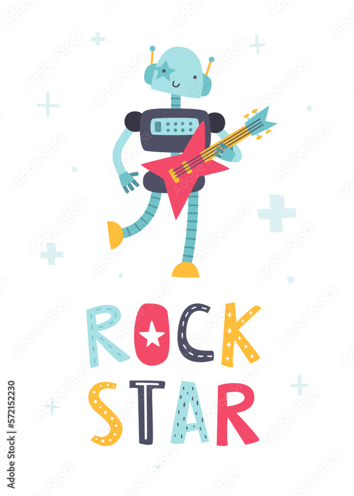 Cute rock robot with bas-guitar. Cartoon robo rock star poster for kids. Vector print for baby with funny rock and roll bot. Cute rock robot with bas-guitar. Cartoon robo rock star poster for kids. Vector print for baby with funny rock and roll bot.