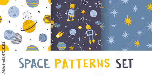 Cute space pattern set with robots and planets for kids. Seamless cosmic vector print collection for baby textile and fabric.