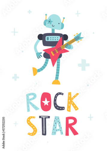 Cute rock robot with bas-guitar. Cartoon robo rock star poster for kids. Vector print for baby with funny rock and roll bot.