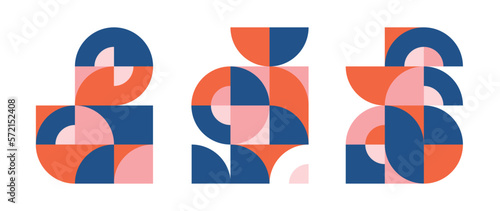 Set of geometric pattern element in mid-century style. Retro abstract collection of colorful circle, curve, square and triangle shapes. Modern trendy design for cover, business card, poster, wall art.