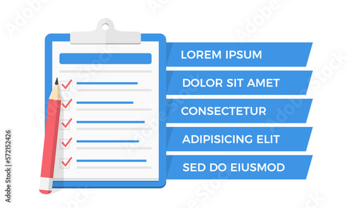 Check list on clipboard with five check boxes, red pencil and place for your text