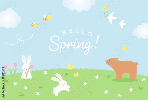 Papier peint spring vector background with animals, insects and flowers on a green field for banners, cards, flyers, social media wallpapers, etc