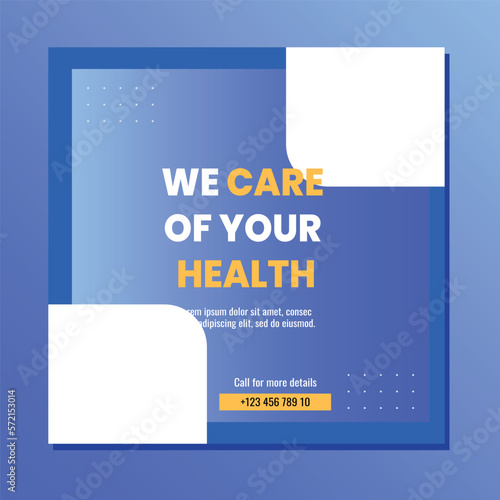 Medical social media post template design. Modern banner with blue and white background and place for the photo. Usable for social media, banner, and website.
