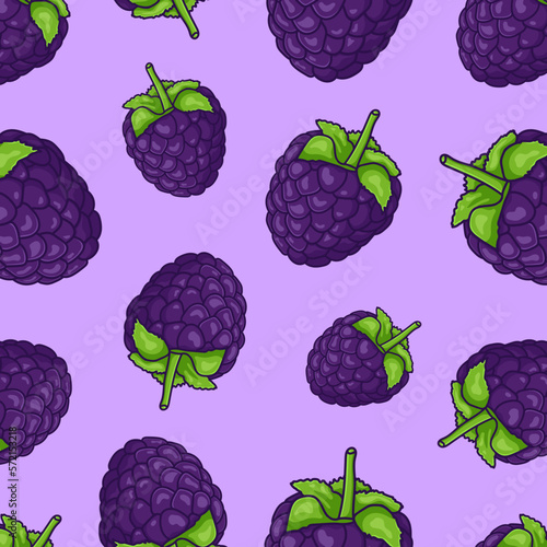 seamless pattern with cartoon bright blackberries, background with doodle blackberries. Vector illustration of a blackberry berry with leaves
