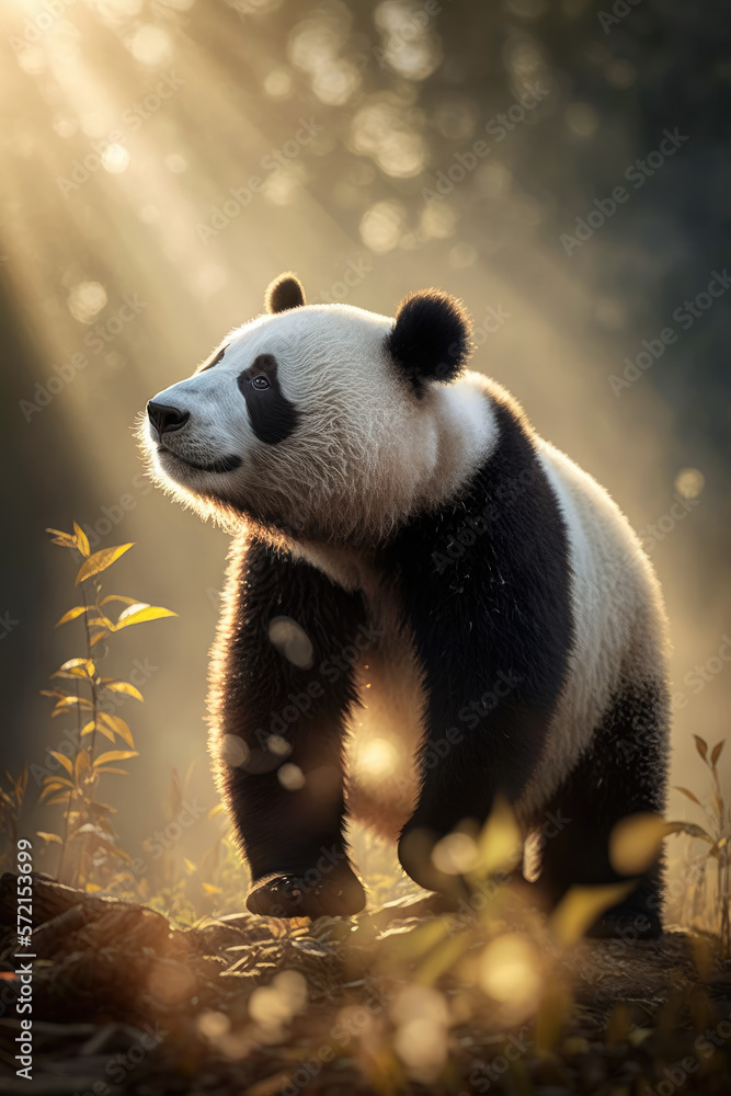 Fototapeta Amazing giant panda bear on sunrise, background blured bokeh