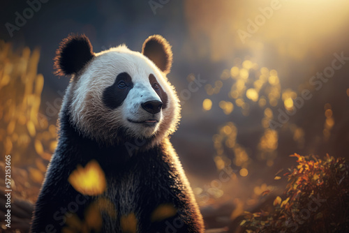 Giant panda bear on sunrise, background blured bokeh