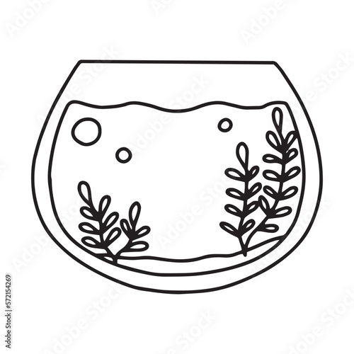 Fishbowl. Aquarium with algae in a linear style. vector illustration. Empty isolated aquarium in Doodle style.