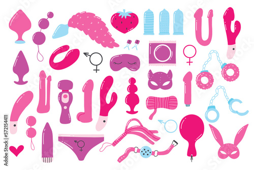 Set of sex toys. Collection of toys for adults. Vector illustration. Flat style. Sex shop set. Erotic elements set. BDSM toys.
