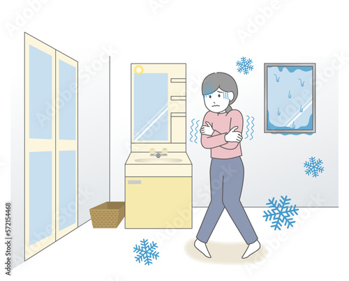 脱衣所が寒くて震えている女性