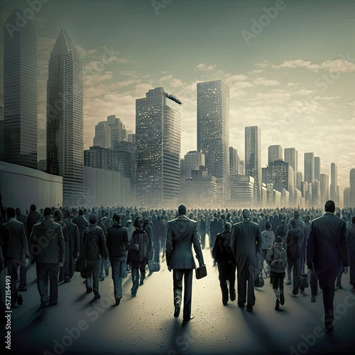 Generative AI  Silhouette of crowd of different people and businessmen walking towards the city skyline with skyscrapers and CBD  