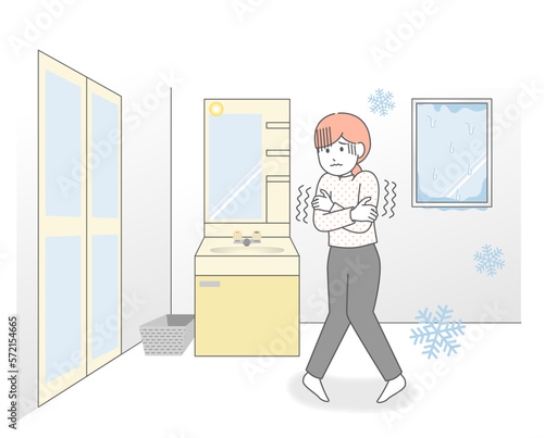 脱衣所が寒くて震えている女性