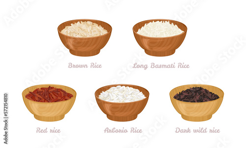 Set of wooden bowls with rice seed of different types. Arborio, dark wild rice, red, long basmati rice and brown rice. Vector cartoon illustration.