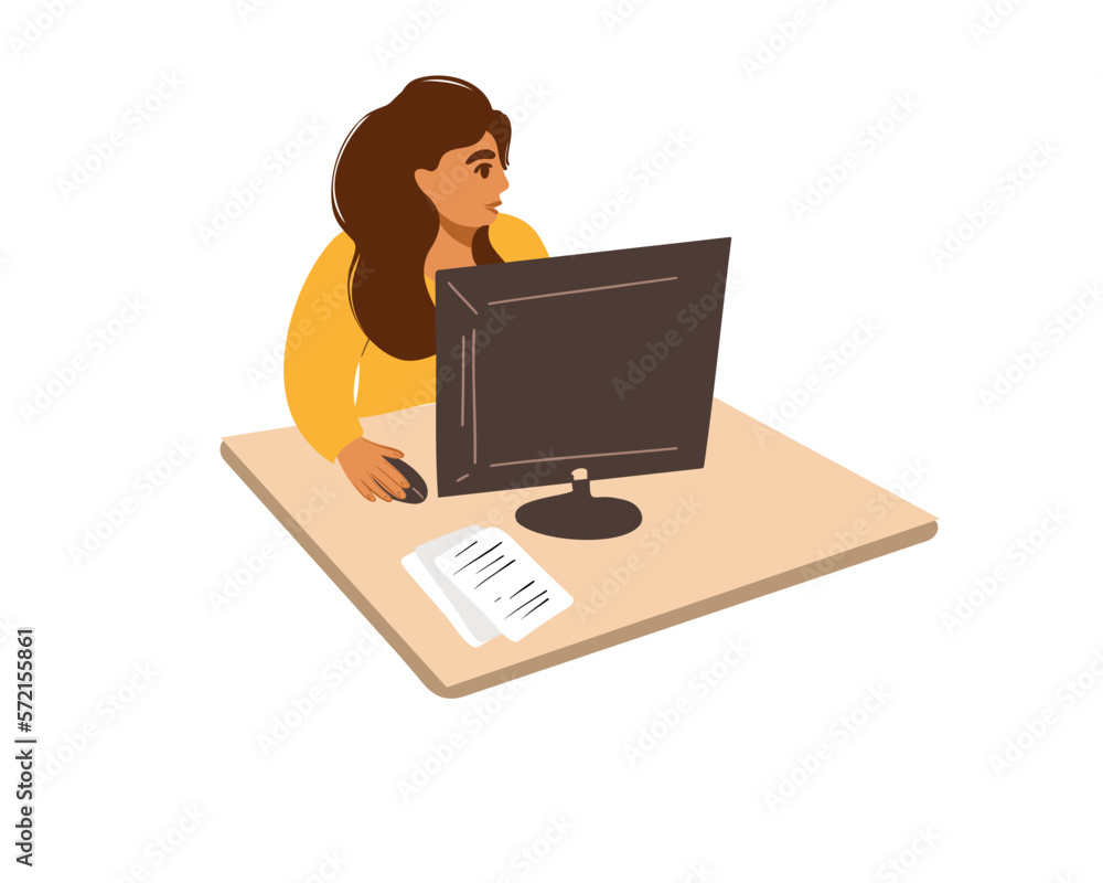 A woman works at a computer with documents. Vector illustration A woman works at a computer with documents. Vector illustration
