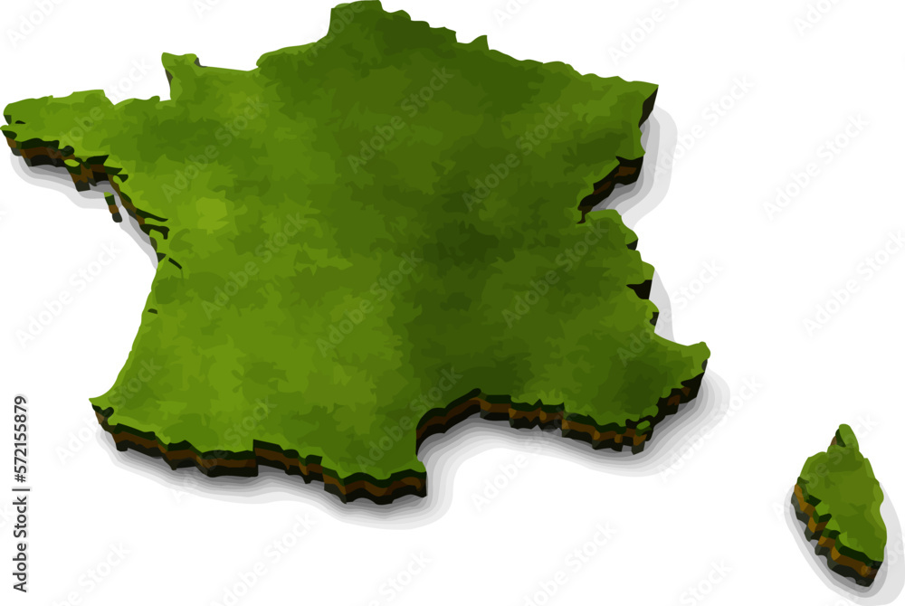 An illustration of a 3D map of France, composed of green fields and brown fields.