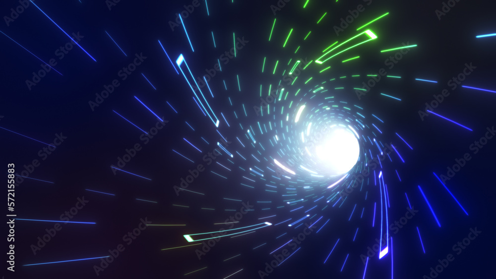 Neon illuminating rays moving inside computerised technological tunnel Neon illuminating rays moving inside computerised technological tunnel