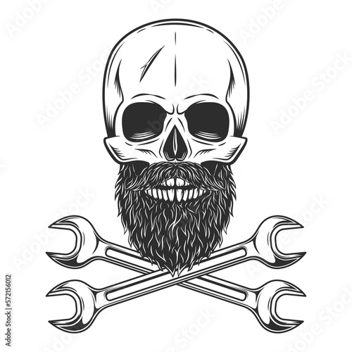 Skull witn mustache with beard and body shop repair car and truck mechanic service tool crossed spanner or construction for gas and builder plumbing wrench pipe vintage illustration