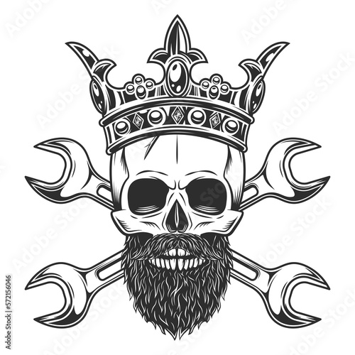 Skull witn mustache with beard in crown and construction builder plumbing wrench or body shop repair car and truck mechanic service tool crossed spanner vintage illustration