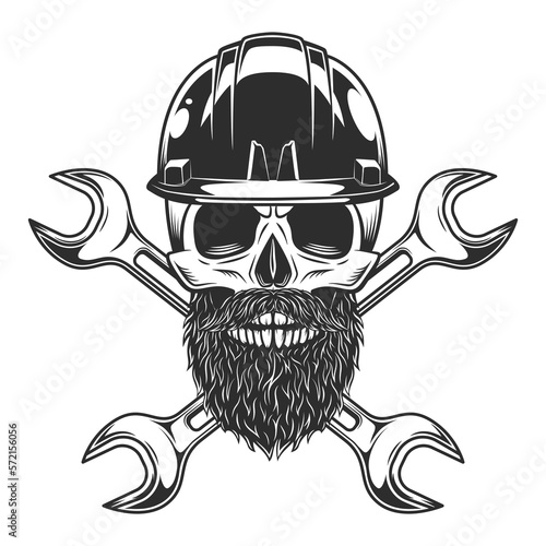 Skull witn mustache with beard in crown and construction builder plumbing wrench or body shop repair car and truck mechanic service tool crossed spanner vintage illustration
